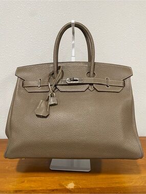 Taupe Leather Top-Handle Bag 35cm